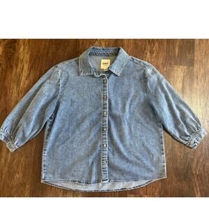 OAT New York Denim Chambray Button Down Snap Shirt Blue Jean Long Sleeve Medium